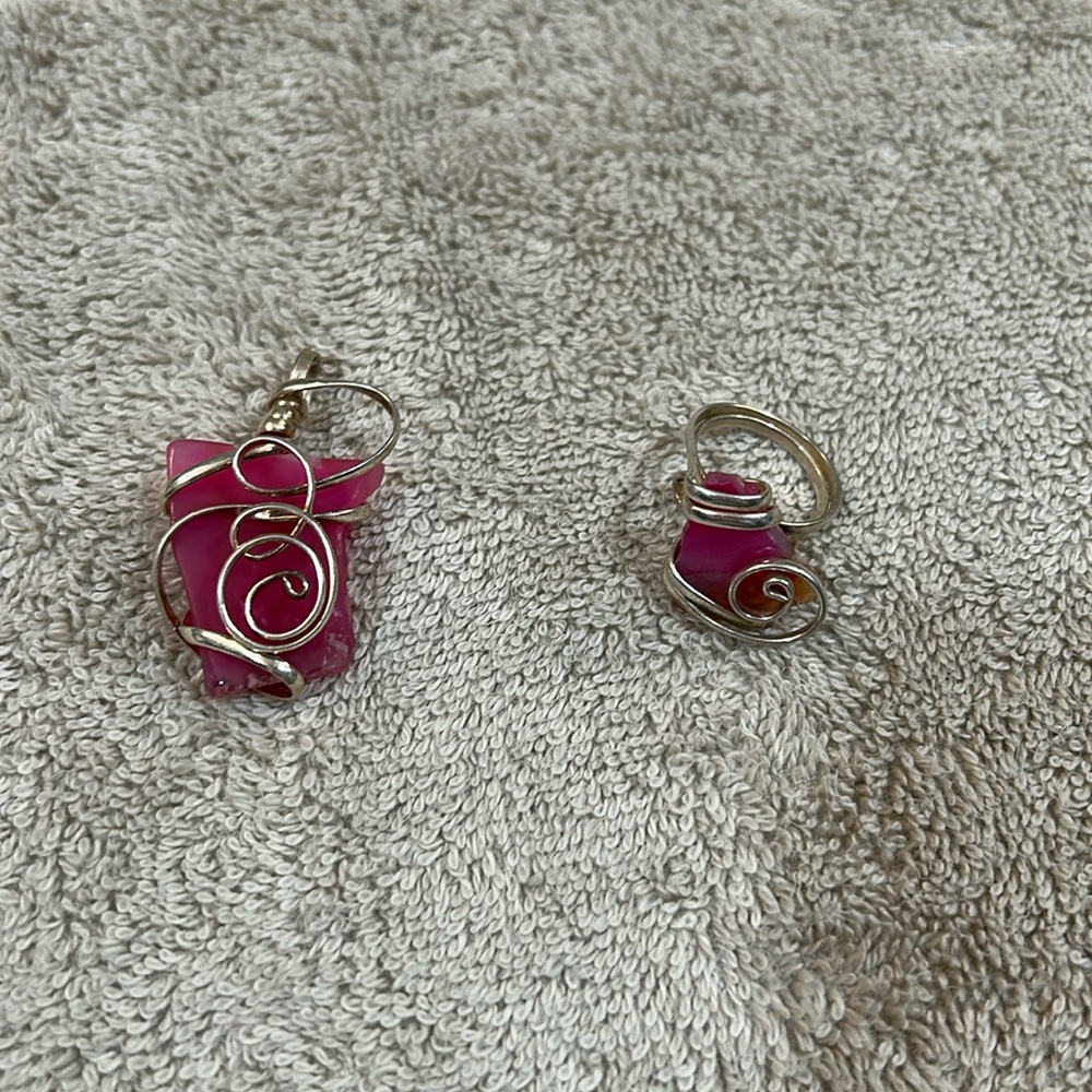 Pink sea glass, ring, and pendant